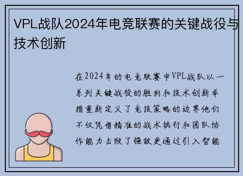 VPL战队2024年电竞联赛的关键战役与技术创新
