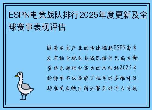 ESPN电竞战队排行2025年度更新及全球赛事表现评估